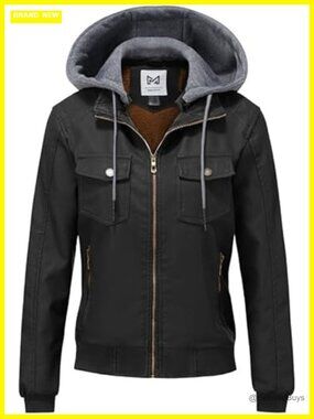 Women's Faux Leather Motorcycle Bomber Jacket with Removable Hood